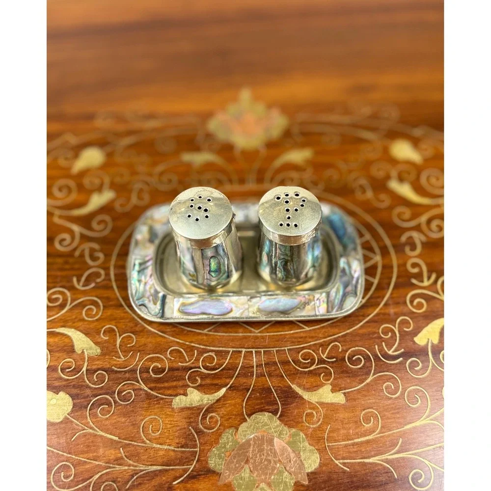 Vintage Mexican Alpaca Silver Abalone Salt & Pepper Shakers with Tray